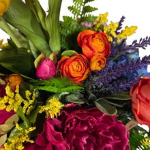 Load image into Gallery viewer, Colorful Centerpiece with Pink Peonies, Blue Hydrangeas, Roses & Yellow Tulips