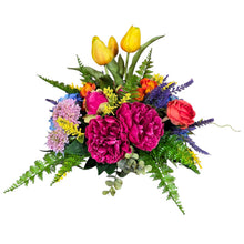 Load image into Gallery viewer, Colorful Centerpiece with Pink Peonies, Blue Hydrangeas, Roses & Yellow Tulips