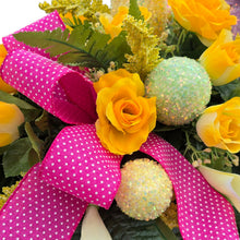 Load image into Gallery viewer, Pastel Shimmering Easter Headstone Saddle with Yellow Rose & Calla Lily Grave Flowers