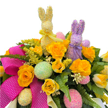 Load image into Gallery viewer, Pastel Shimmering Easter Headstone Saddle with Yellow Rose & Calla Lily Grave Flowers
