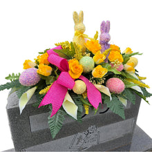 Load image into Gallery viewer, Pastel Shimmering Easter Headstone Saddle with Yellow Rose & Calla Lily Grave Flowers