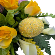 Load image into Gallery viewer, Pastel Shimmering Easter Headstone Saddle with Yellow Rose & Calla Lily Grave Flowers