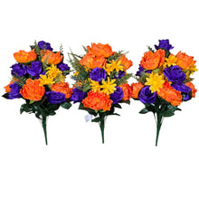Load image into Gallery viewer, Orange & Purple Artificial Flower Bushes, Peony Rose Daisy Mix Silk Floral Craft Supply, Memorial Decor (set of 3)