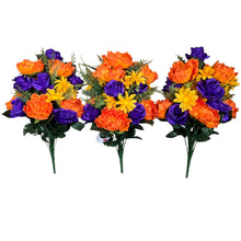 Load image into Gallery viewer, Orange & Purple Artificial Flower Bushes, Peony Rose Daisy Mix Silk Floral Craft Supply, Memorial Decor (set of 3)
