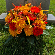 Load image into Gallery viewer, Orange Mum Rosebud Fall Hanging Basket Floral Arrangement, Summer Fall Porch Decor