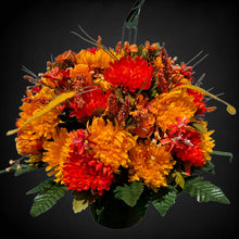 Load image into Gallery viewer, Orange Mum Rosebud Fall Hanging Basket Floral Arrangement, Summer Fall Porch Decor