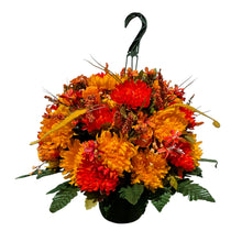 Load image into Gallery viewer, Orange Mum Rosebud Fall Hanging Basket Floral Arrangement, Summer Fall Porch Decor