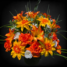 Load image into Gallery viewer, Orange Lily Dahlia Rose Hanging Basket Floral Arrangement, Summer Fall Porch Decor