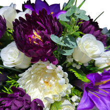 Load image into Gallery viewer, Purple Lily Mum Rose Hanging Basket Floral Arrangement, Spring Summer Porch Decor