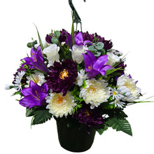 Load image into Gallery viewer, Purple Lily Mum Rose Hanging Basket Floral Arrangement, Spring Summer Porch Decor