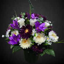 Load image into Gallery viewer, Purple Lily Mum Rose Hanging Basket Floral Arrangement, Spring Summer Porch Decor