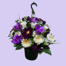 Load image into Gallery viewer, Purple Lily Mum Rose Hanging Basket Floral Arrangement, Spring Summer Porch Decor