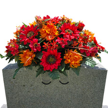 Load image into Gallery viewer, Red Sunflower Orange Mum and Rust Rosebud Fall Cemetery Headstone Saddle Memorial Decoration