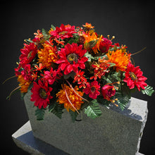 Load image into Gallery viewer, Red Sunflower Orange Mum and Rust Rosebud Fall Cemetery Headstone Saddle Memorial Decoration