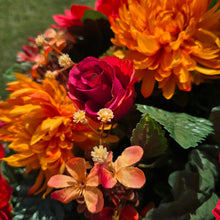 Load image into Gallery viewer, Red Sunflower Orange Mum and Rust Rosebud Fall Cemetery Headstone Saddle Memorial Decoration
