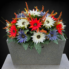 Load image into Gallery viewer, Fall Cemetery Headstone Saddle Memorial Decoration with Red Orange, Cream, and Dusty Blue Sunflowers