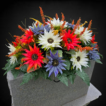 Load image into Gallery viewer, Fall Cemetery Headstone Saddle Memorial Decoration with Red Orange, Cream, and Dusty Blue Sunflowers
