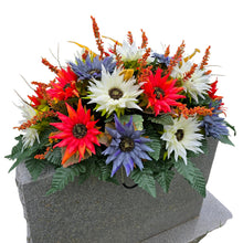 Load image into Gallery viewer, Fall Cemetery Headstone Saddle Memorial Decoration with Red Orange, Cream, and Dusty Blue Sunflowers