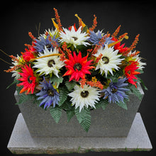Load image into Gallery viewer, Fall Cemetery Headstone Saddle Memorial Decoration with Red Orange, Cream, and Dusty Blue Sunflowers
