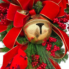 Load image into Gallery viewer, Christmas Front Door Wreath Swag with Gold Bells, Berries, Pine, and 2 Cardinals