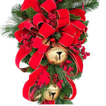 Load image into Gallery viewer, Christmas Front Door Wreath Swag with Gold Bells, Berries, Pine, and 2 Cardinals