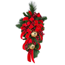 Load image into Gallery viewer, Christmas Front Door Wreath Swag with Gold Bells, Berries, Pine, and 2 Cardinals