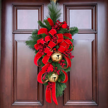 Load image into Gallery viewer, Christmas Front Door Wreath Swag with Gold Bells, Berries, Pine, and 2 Cardinals