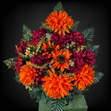 Load image into Gallery viewer, Orange Ball Mum and Sunflower Cemetery Cone with Burgandy Mums & Berries. Funeral Memorial Flowers