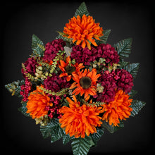 Load image into Gallery viewer, Orange Ball Mum and Sunflower Cemetery Cone with Burgandy Mums & Berries. Funeral Memorial Flowers