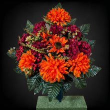 Load image into Gallery viewer, Orange Ball Mum and Sunflower Cemetery Cone with Burgandy Mums & Berries. Funeral Memorial Flowers
