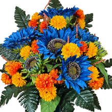 Load image into Gallery viewer, Blue Sunflower Cemetery Cone with Orange & Yellow Mini Mums. Funeral Memorial Flowers