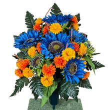 Load image into Gallery viewer, Blue Sunflower Cemetery Cone with Orange & Yellow Mini Mums. Funeral Memorial Flowers