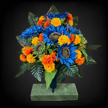 Load image into Gallery viewer, Blue Sunflower Cemetery Cone with Orange & Yellow Mini Mums. Funeral Memorial Flowers