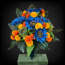 Load image into Gallery viewer, Blue Sunflower Cemetery Cone with Orange & Yellow Mini Mums. Funeral Memorial Flowers