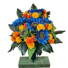Load image into Gallery viewer, Blue Sunflower Cemetery Cone with Orange & Yellow Mini Mums. Funeral Memorial Flowers