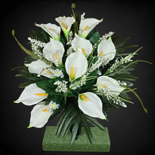 Load image into Gallery viewer, This cemetery cone has grave flowers including cream calla lily and white filler flowers. It is a funeral or memorial decoration.