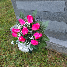 Load image into Gallery viewer, This cemetery cone has grave flowers including Beauty Pink Elegant Ruffled Rosebuds. It is a perfect summer memorial decoration.