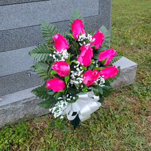 Load image into Gallery viewer, This cemetery cone has grave flowers including Beauty Pink Elegant Ruffled Rosebuds. It is a perfect summer memorial decoration.