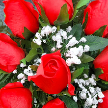 Load image into Gallery viewer, This cemetery cone has grave flowers including Red Elegant Ruffled Rosebuds. It is a perfect memorial decoration.