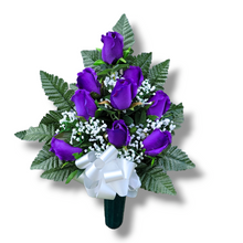 Load image into Gallery viewer, This cemetery cone has grave flowers including Purple Elegant Ruffled Rosebuds. It is a perfect summer memorial decoration.