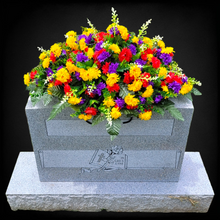 Load image into Gallery viewer, This Headstone Saddle has grave flowers including Multi-Colored Mini Mums. It is a perfect funeral or cemetery decoration.