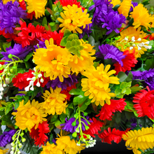 Load image into Gallery viewer, This Headstone Saddle has grave flowers including Multi-Colored Mini Mums. It is a perfect funeral or cemetery decoration.