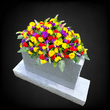 Load image into Gallery viewer, This Headstone Saddle has grave flowers including Multi-Colored Mini Mums. It is a perfect funeral or cemetery decoration.