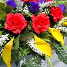 Load image into Gallery viewer, Red Yellow and Purple Rose & Calla Lily Memorial Decoration set: includes 1 headstone saddle & 1 cemetery cone