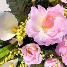 Load image into Gallery viewer, Cream Pink Rose and Calla Lily Memorial Decorations: Includes 2 Jumbo Cemetery Cones