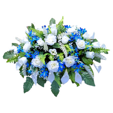 Load image into Gallery viewer, This Headstone Saddle has grave flowers including Cream Calla Lilies, Roses & royal blue filler. It is a perfect cemetery decoration.