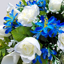 Load image into Gallery viewer, This headstone saddle and cemetery cone set has silk grave flowers including Cream Calla Lilies and Roses and Blue Tweedia.