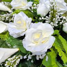 Load image into Gallery viewer, This headstone saddle and single cemetery cone set has silk grave flowers including Cream Calla Lilies and Roses