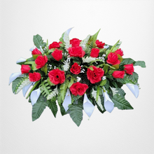 Load image into Gallery viewer, Red Rose & White Calla Lily Memorial Decoration set: includes 1 headstone saddle & 2 cemetery cones