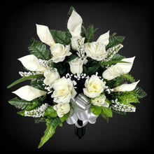 Load image into Gallery viewer, This headstone saddle and single cemetery cone set has silk grave flowers including Cream Calla Lilies and Roses